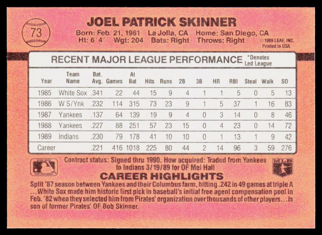 Joel Skinner 1990 Donruss #73c Cleveland Indians