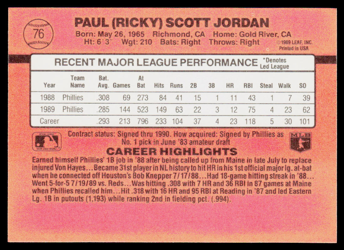 Ricky Jordan 1990 Donruss #76 Philadelphia Phillies