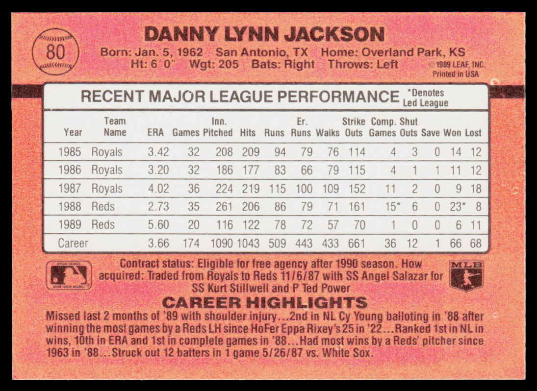 Danny Jackson 1990 Donruss #80b Cincinnati Reds