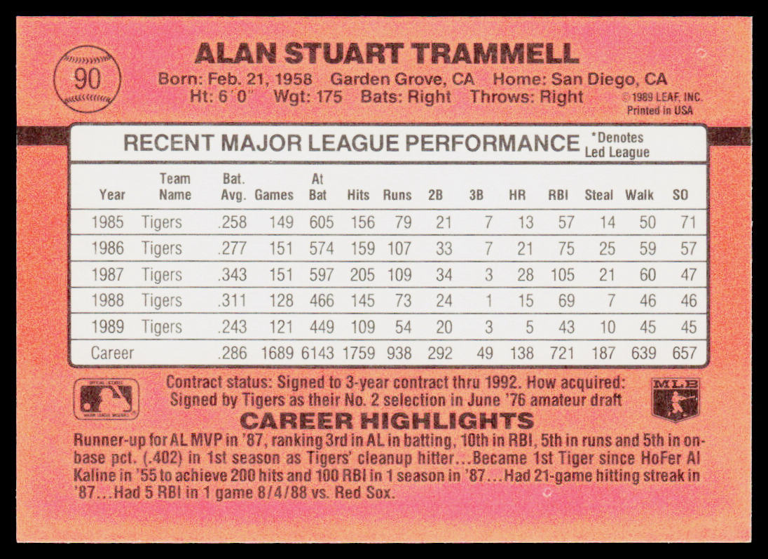Alan Trammell 1990 Donruss #90b Detroit Tigers