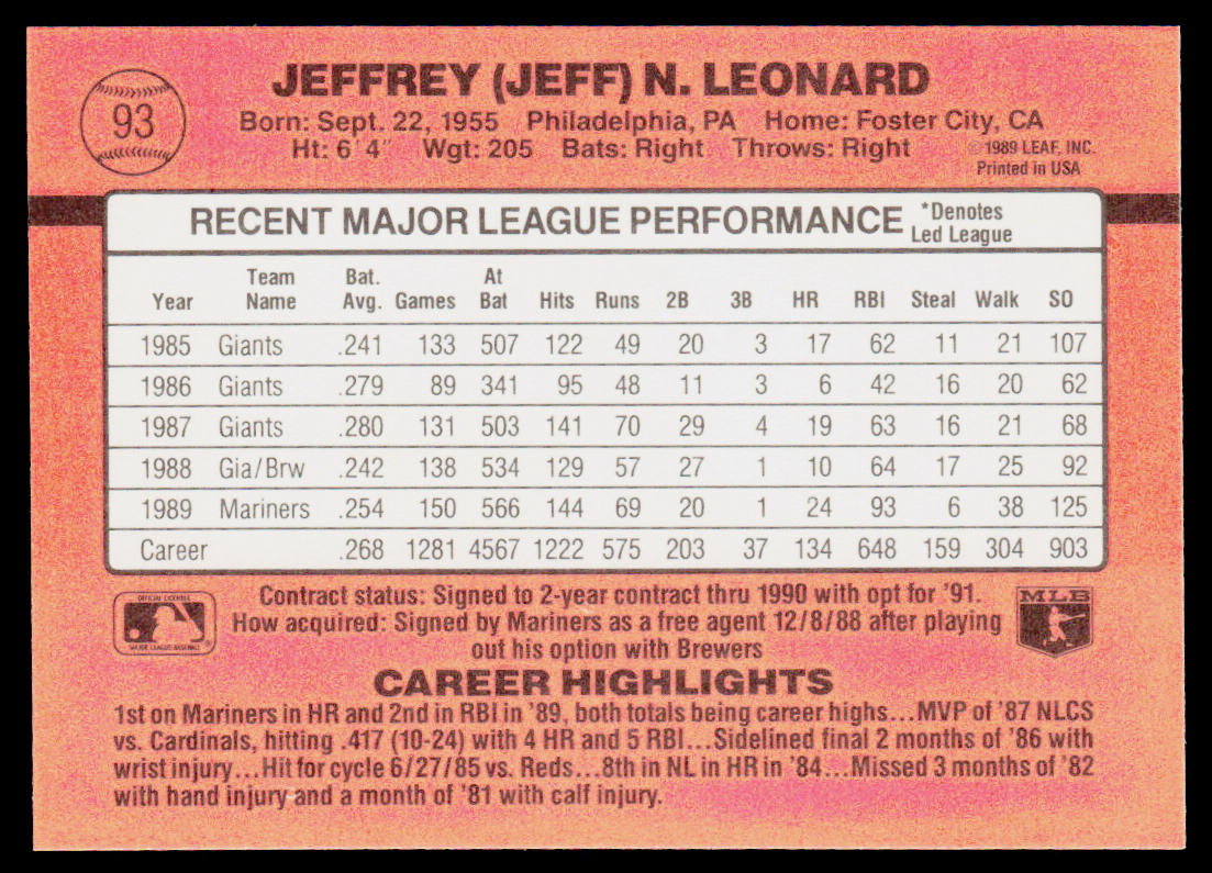 Jeffrey Leonard 1990 Donruss #93c Seattle Mariners