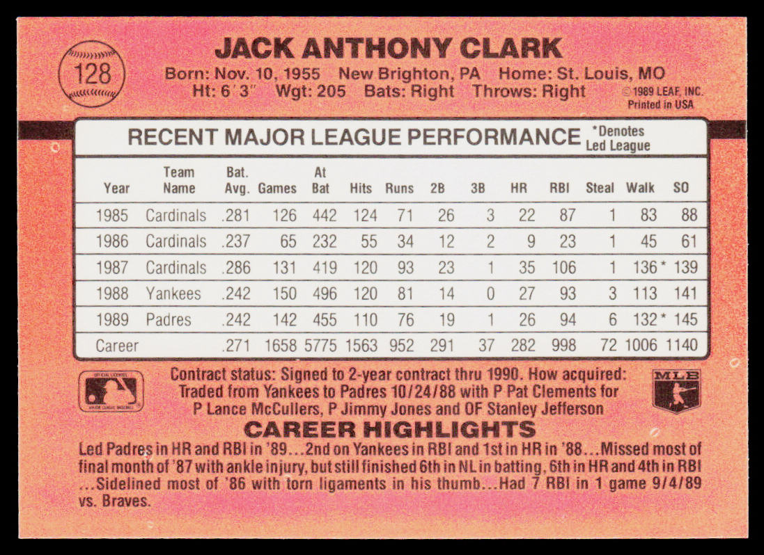 Jack Clark 1990 Donruss #128 San Diego Padres