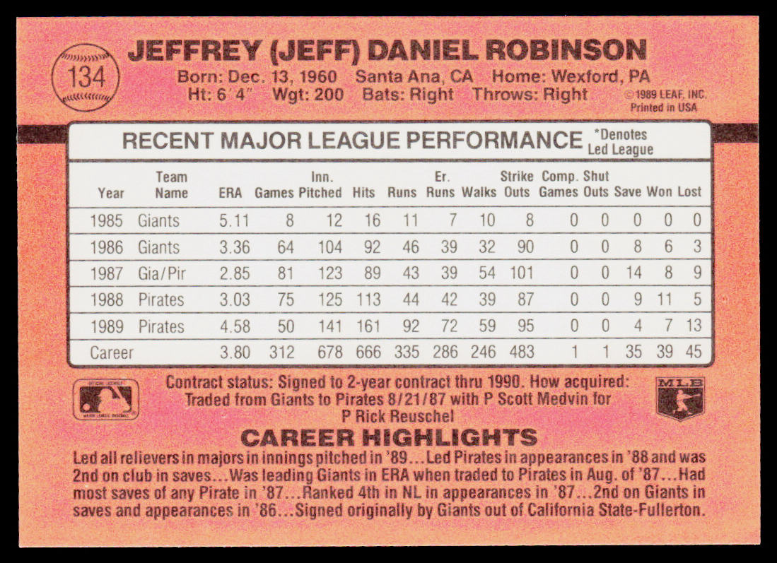 Jeff Robinson 1990 Donruss #134c Pittsburgh Pirates
