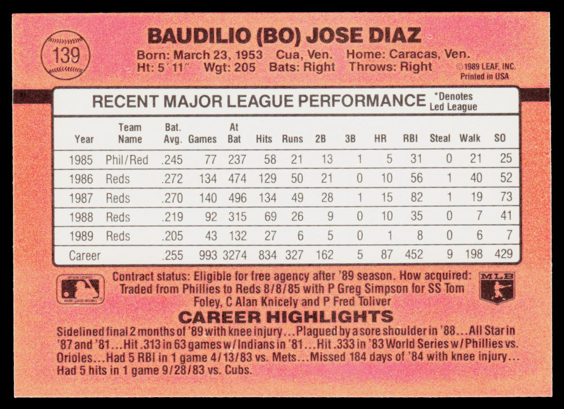 Bo Diaz 1990 Donruss #139b Cincinnati Reds