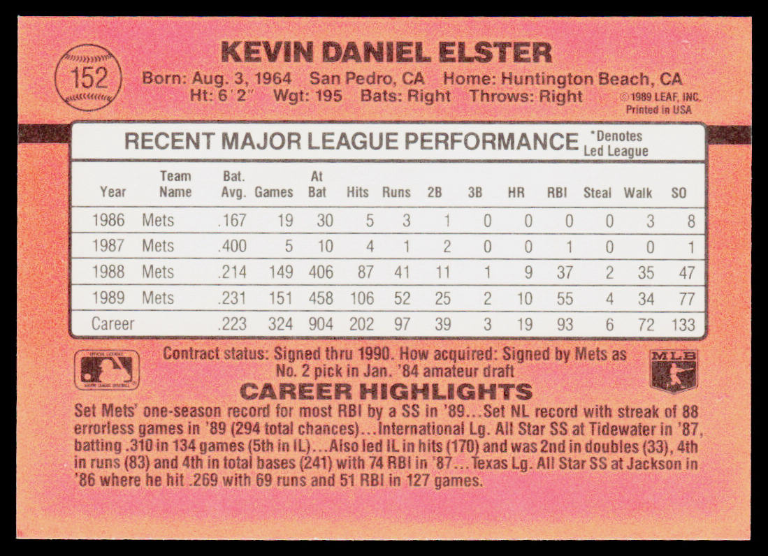 Kevin Elster 1990 Donruss #152 New York Mets