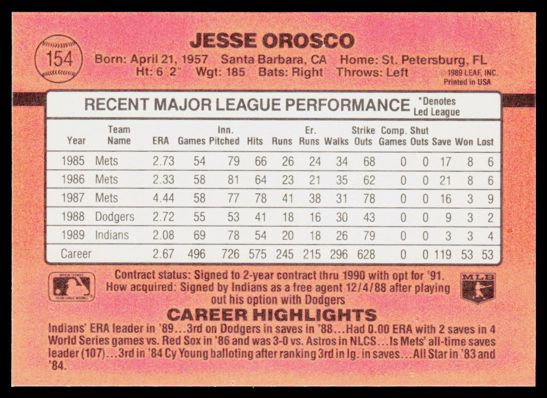 Jesse Orosco 1990 Donruss #154c Cleveland Indians