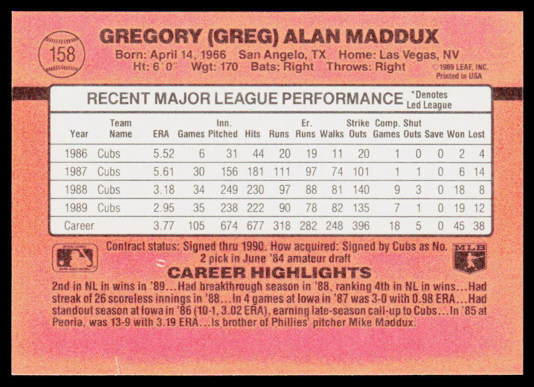 Greg Maddux 1990 Donruss #158c Chicago Cubs