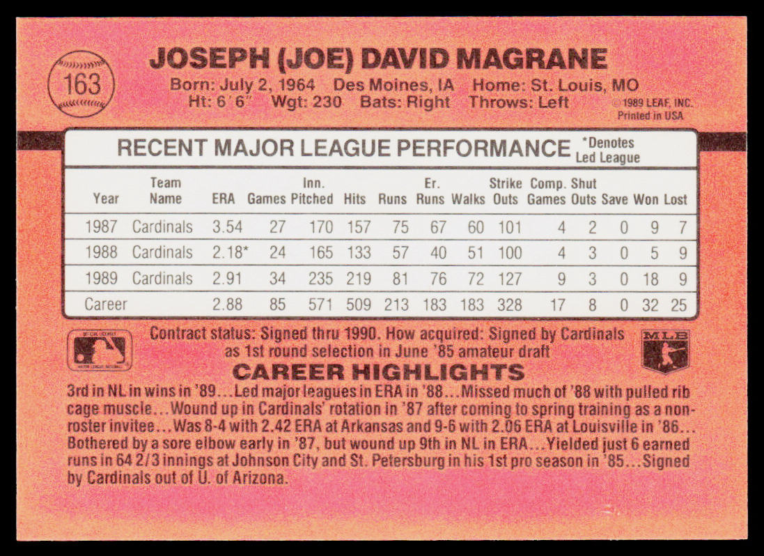 Joe Magrane 1990 Donruss #163 St. Louis Cardinals