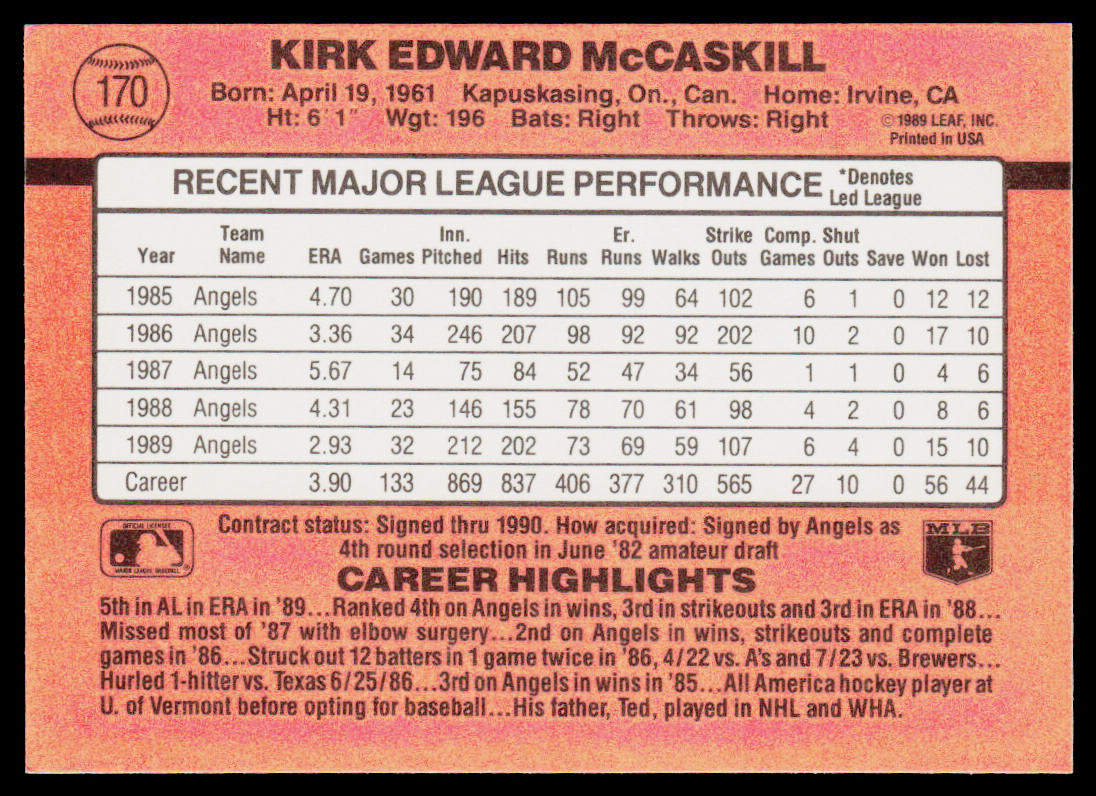 Kirk McCaskill 1990 Donruss #170 California Angels