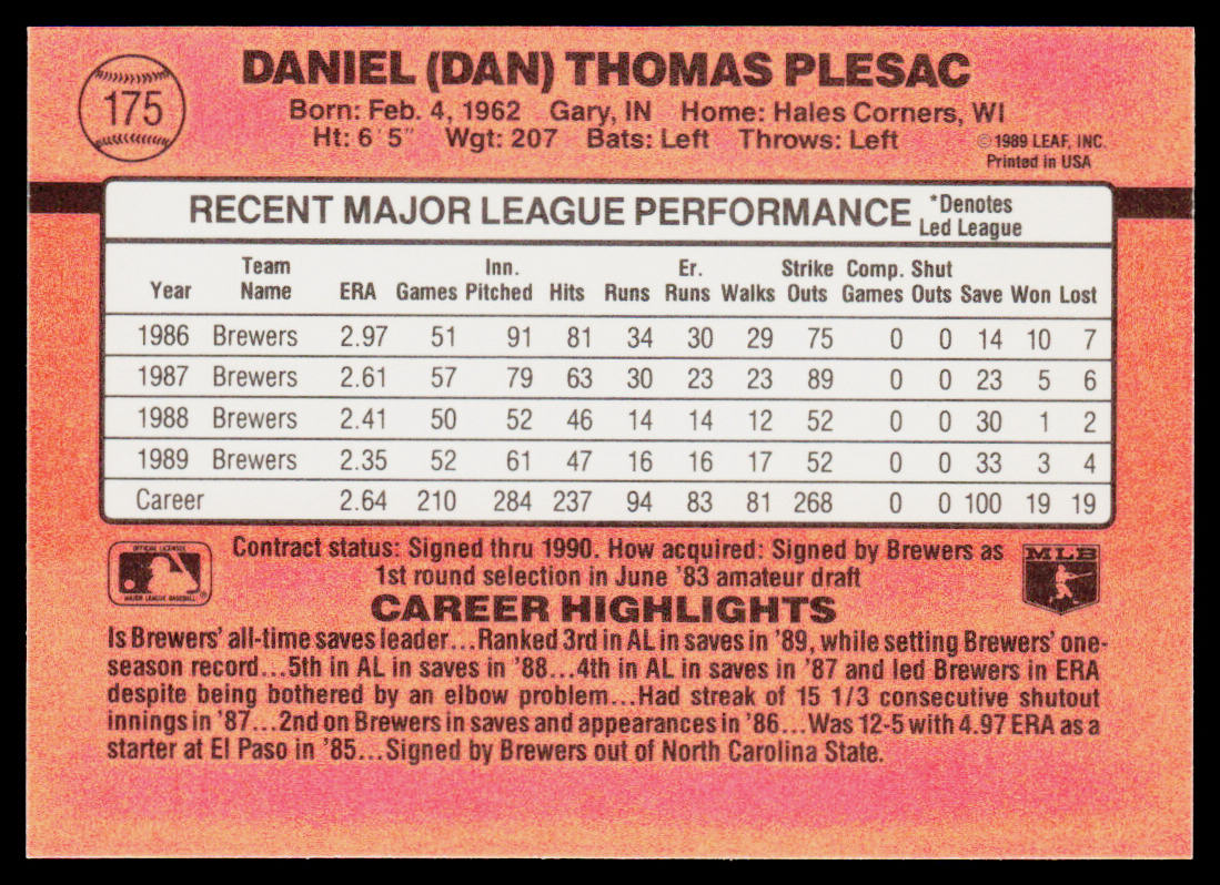 Dan Plesac 1990 Donruss #175b Milwaukee Brewers