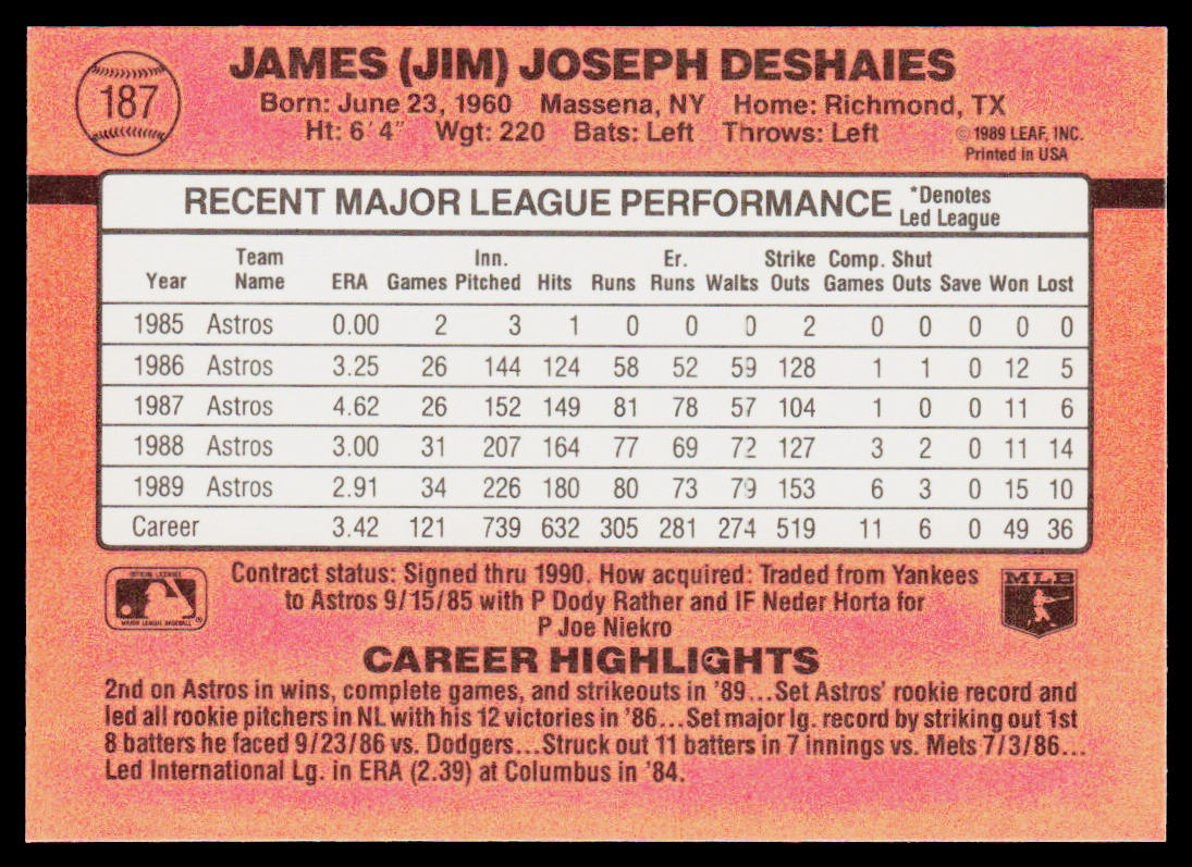 Jim Deshaies 1990 Donruss #187c Houston Astros