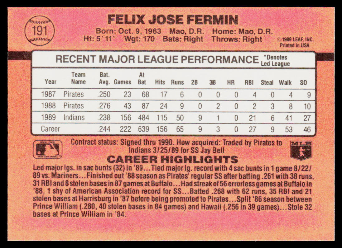 Felix Fermin 1990 Donruss #191 Cleveland Indians