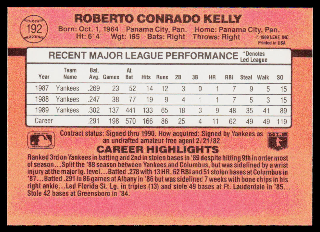 Roberto Kelly 1990 Donruss #192 New York Yankees