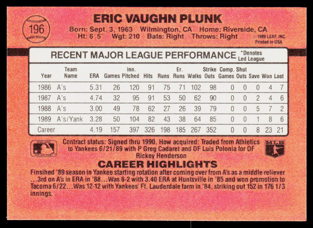 Eric Plunk 1990 Donruss #196b New York Yankees