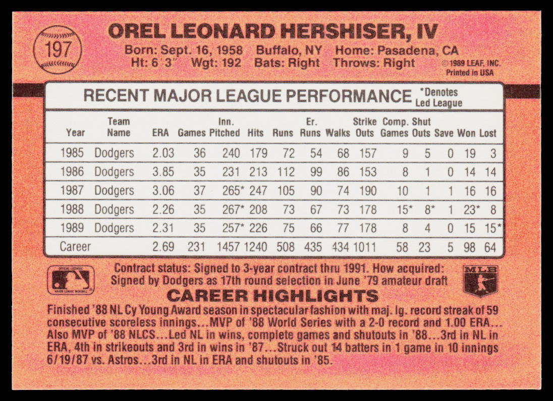 Orel Hershiser 1990 Donruss #197 Los Angeles Dodgers