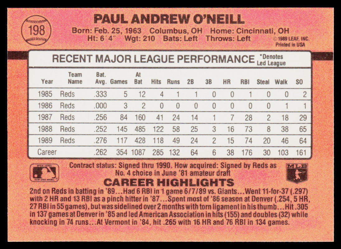 Paul O'Neill 1990 Donruss #198 Cincinnati Reds