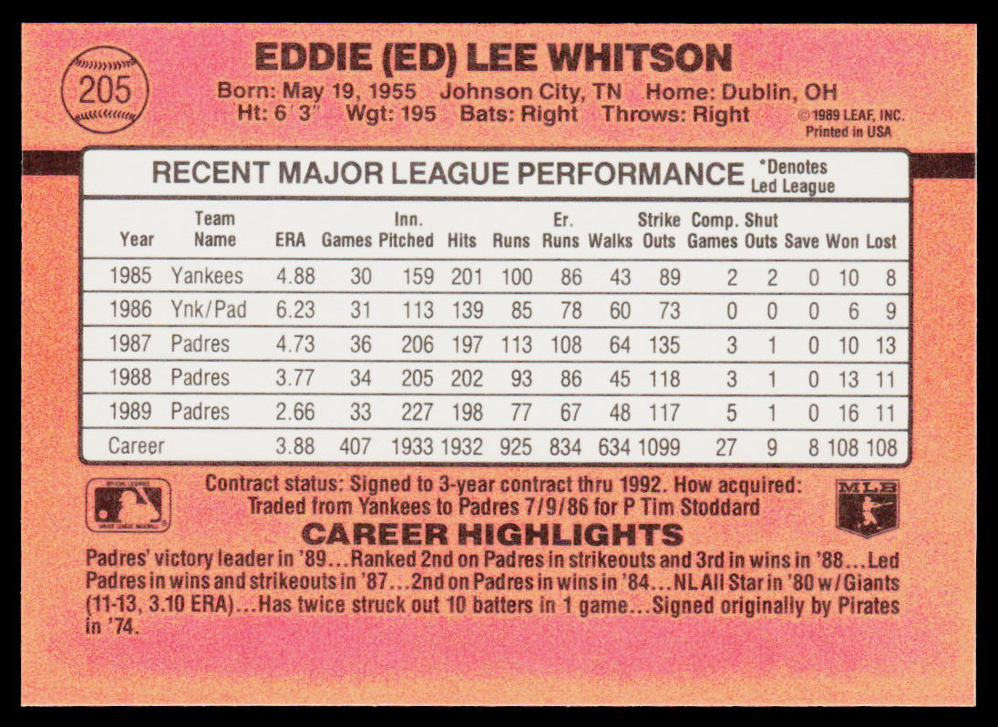 Ed Whitson 1990 Donruss #205c San Diego Padres