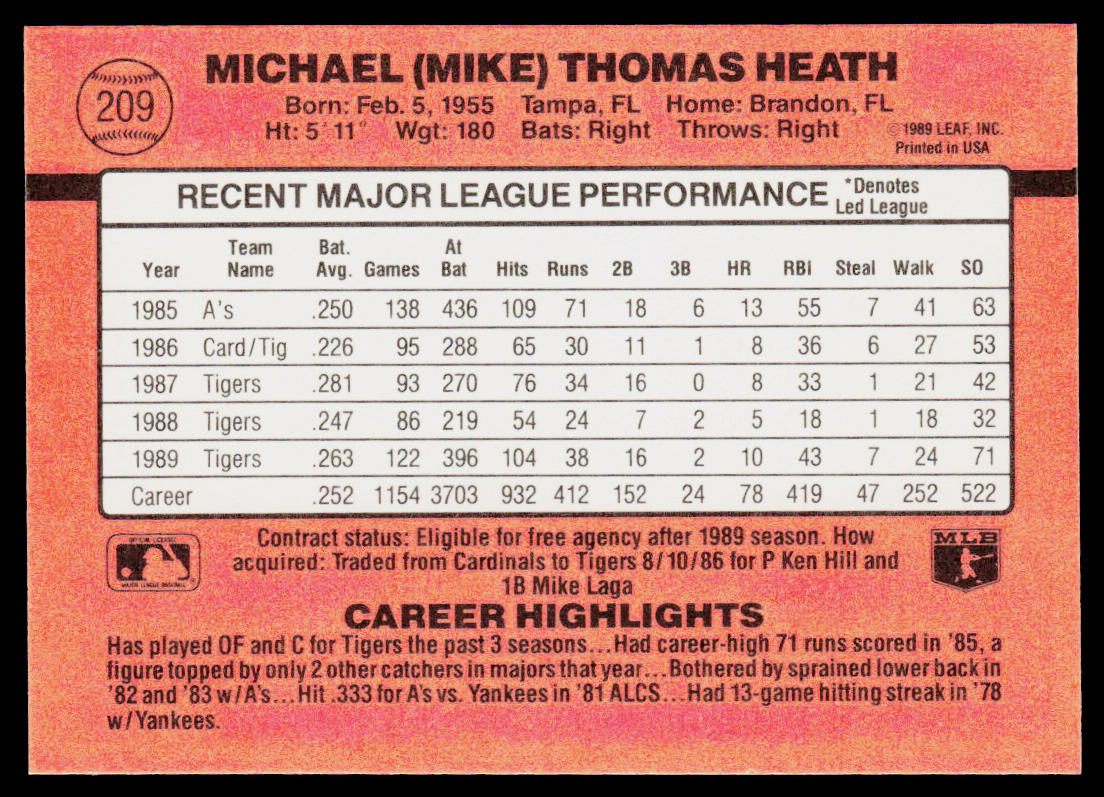 Mike Heath 1990 Donruss #209 Detroit Tigers
