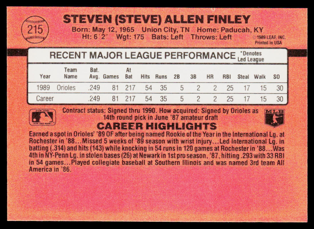 Steve Finley 1990 Donruss #215b Baltimore Orioles