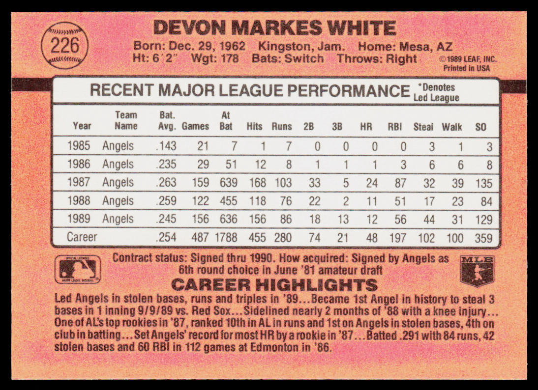 Devon White 1990 Donruss #226c California Angels