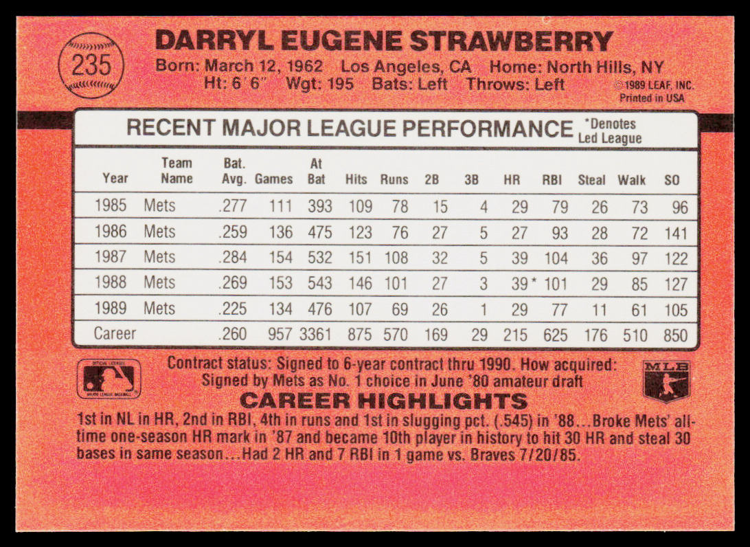 Darryl Strawberry 1990 Donruss #235 New York Mets