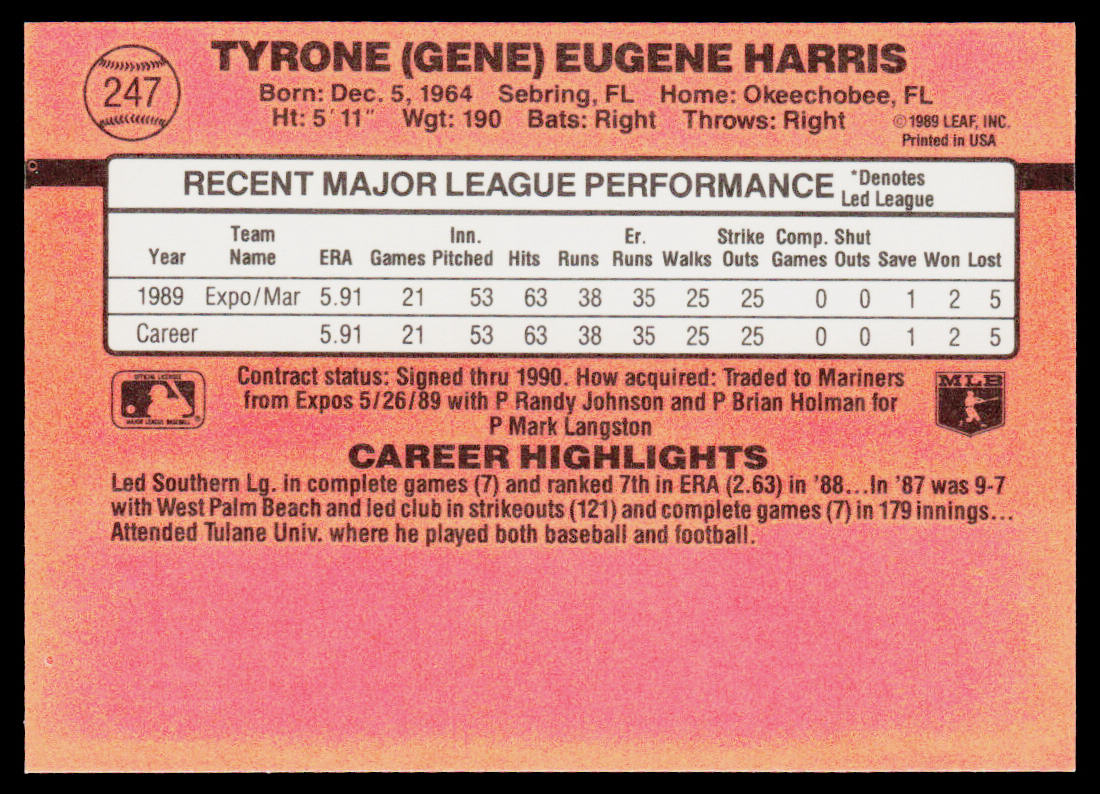Gene Harris 1990 Donruss #247b Seattle Mariners