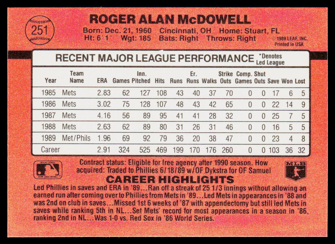 Roger McDowell 1990 Donruss #251b Philadelphia Phillies