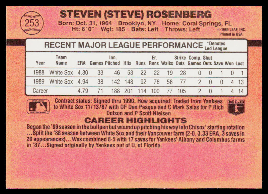 Steve Rosenberg 1990 Donruss #253 Chicago White Sox