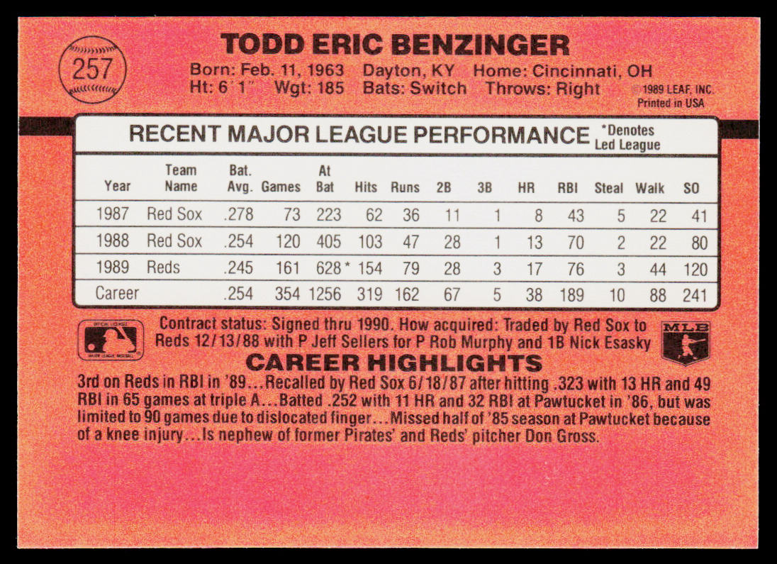 Todd Benzinger 1990 Donruss #257b Cincinnati Reds
