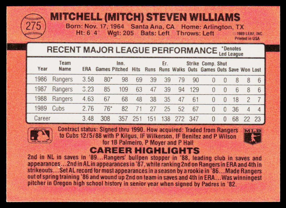 Mitch Williams 1990 Donruss #275 Chicago Cubs