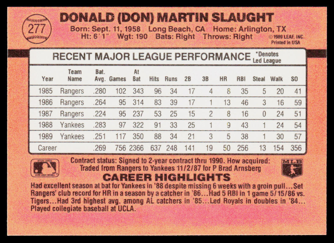 Don Slaught 1990 Donruss #277c New York Yankees