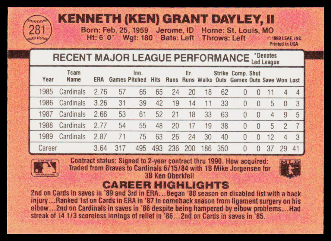 Ken Dayley 1990 Donruss #281c St. Louis Cardinals