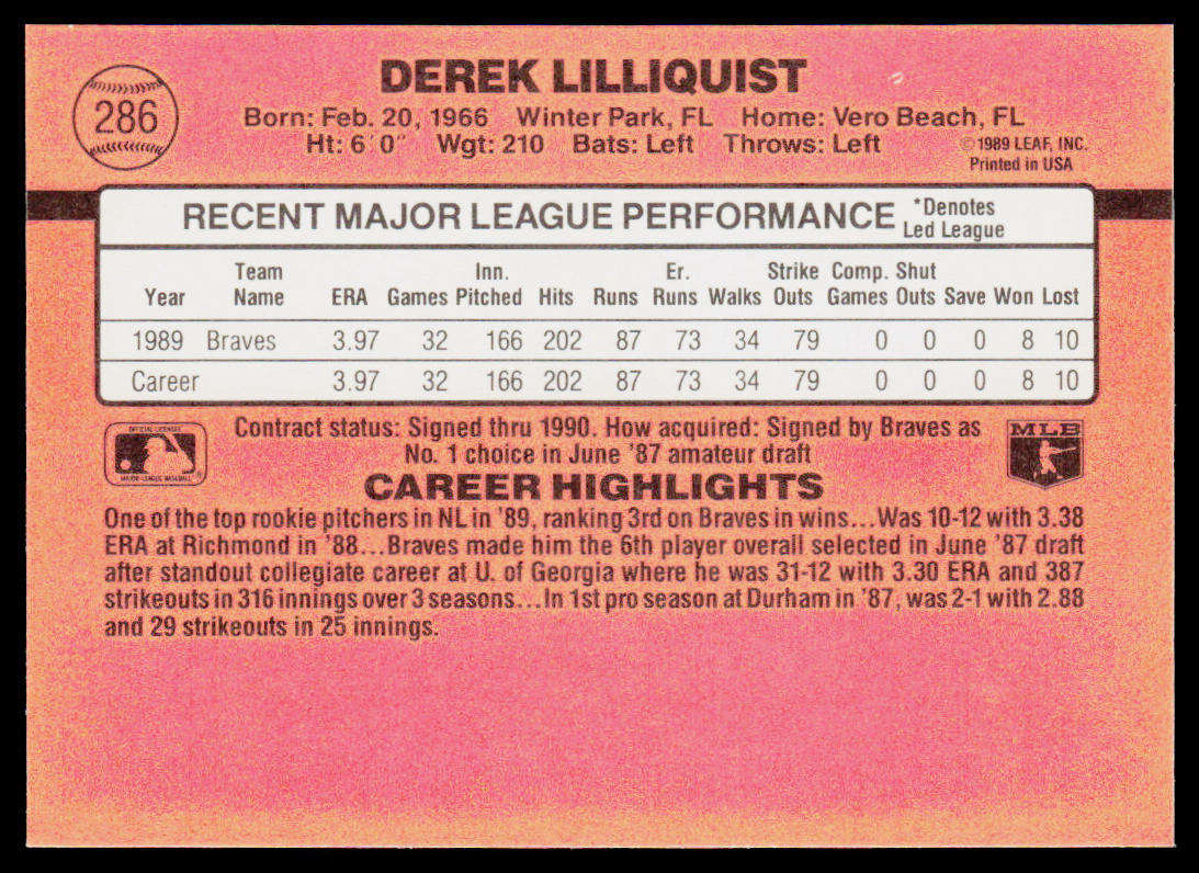 Derek Lilliquist 1990 Donruss #286 Atlanta Braves
