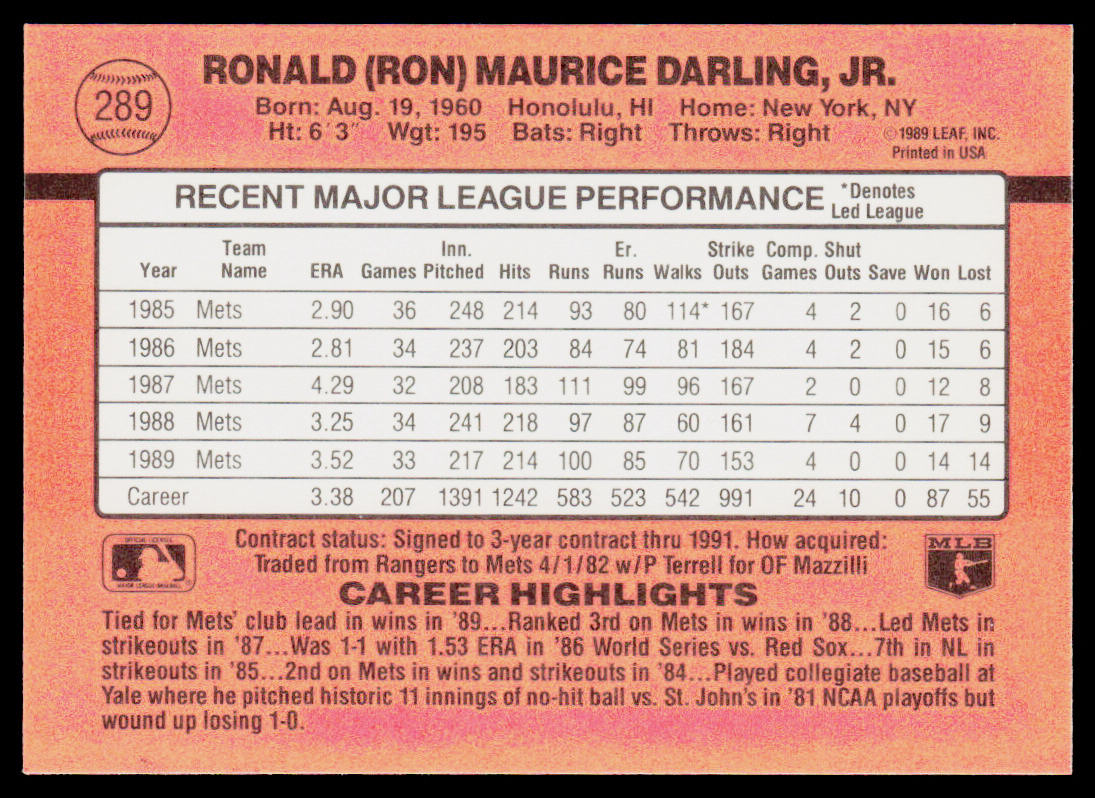 Ron Darling 1990 Donruss #289 New York Mets