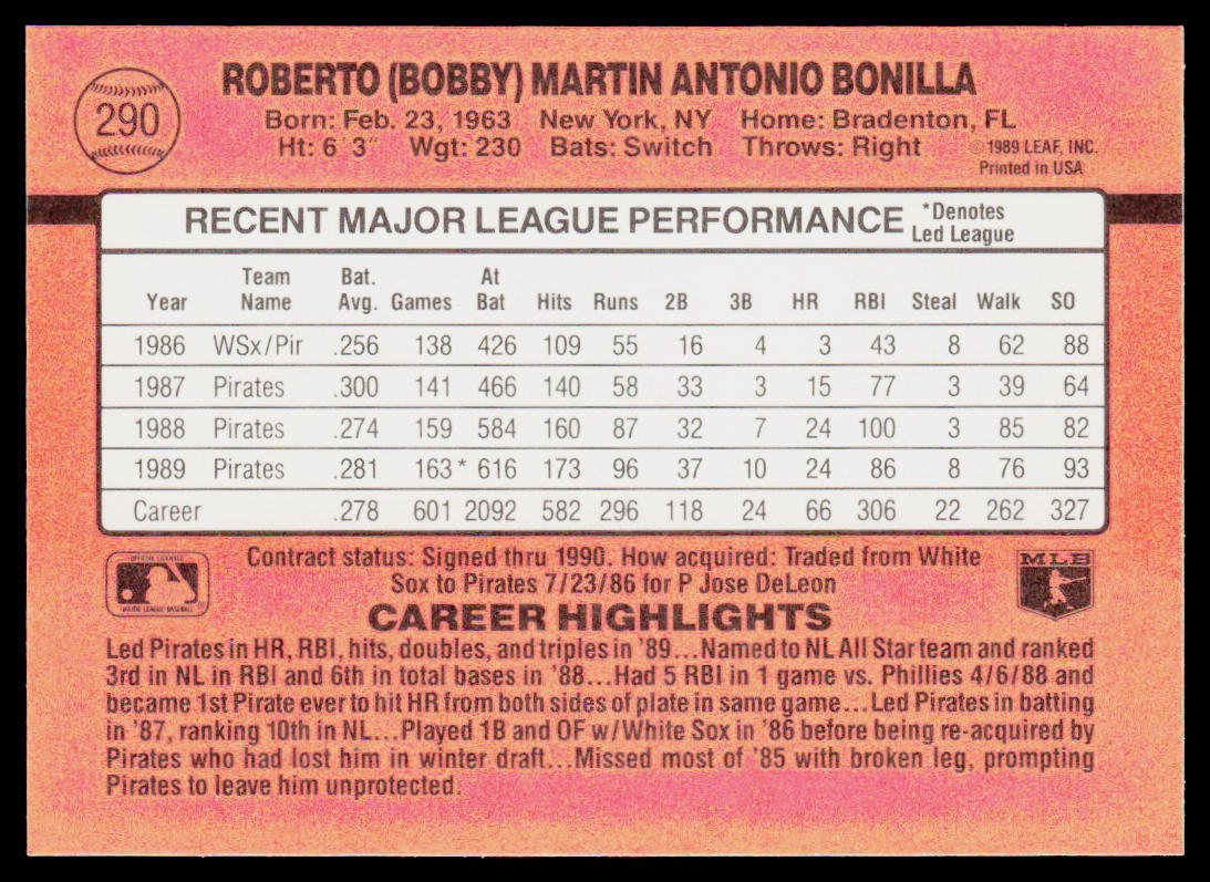 Bobby Bonilla 1990 Donruss #290c Pittsburgh Pirates