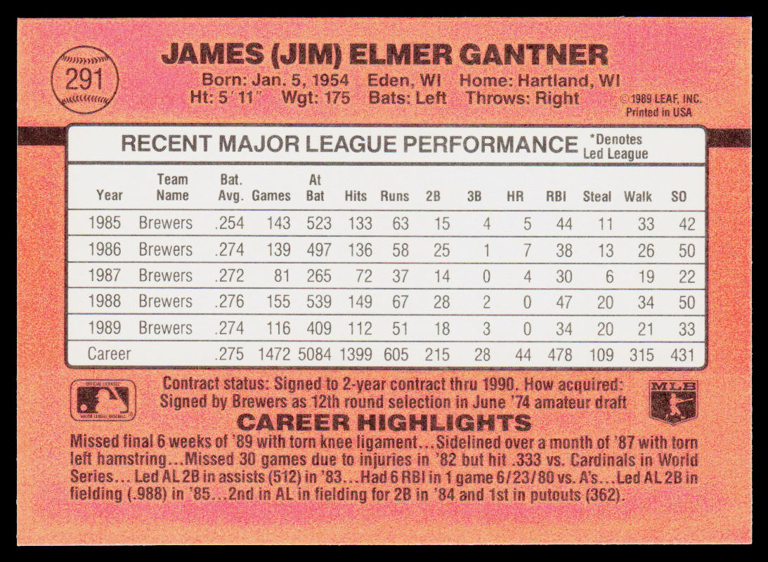 Jim Gantner 1990 Donruss #291c Milwaukee Brewers