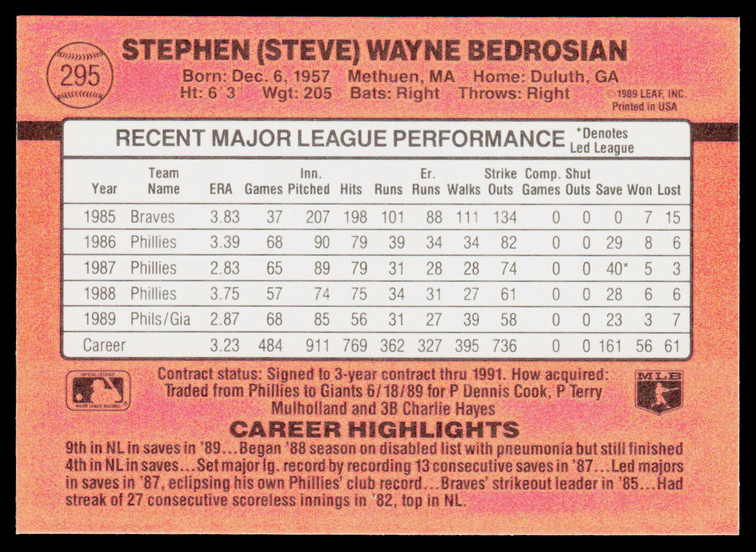 Steve Bedrosian 1990 Donruss #295c San Francisco Giants
