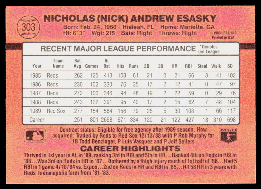 Nick Esasky 1990 Donruss #303b Boston Red Sox