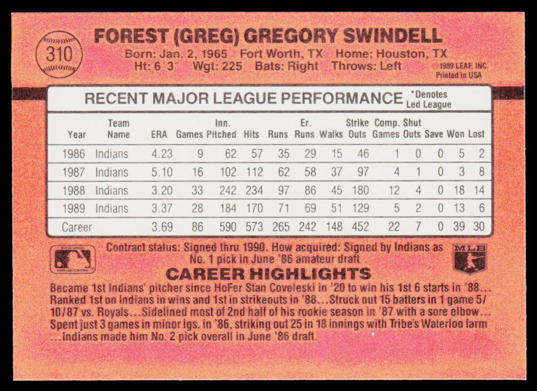 Greg Swindell 1990 Donruss #310 Cleveland Indians
