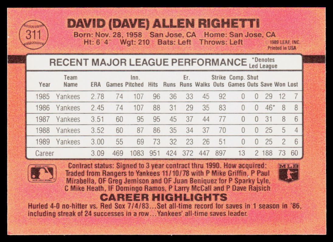 Dave Righetti 1990 Donruss #311 New York Yankees