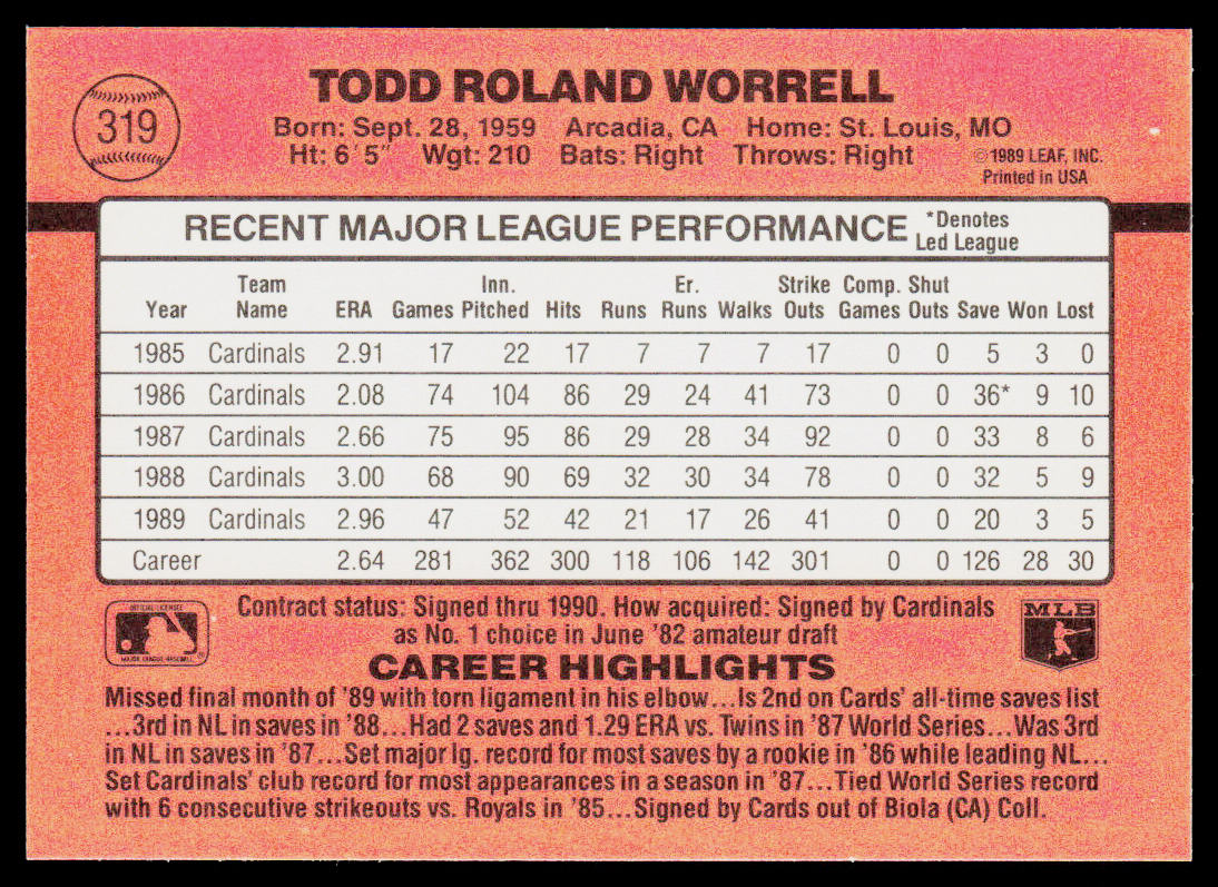 Todd Worrell 1990 Donruss #319 St. Louis Cardinals