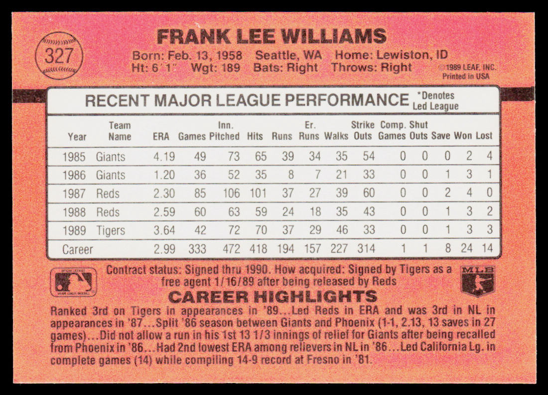 Frank Williams 1990 Donruss #327c Detroit Tigers