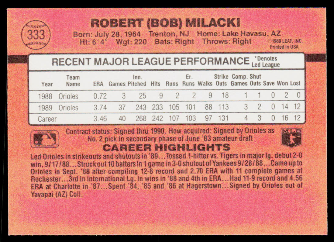 Bob Milacki 1990 Donruss #333b Baltimore Orioles