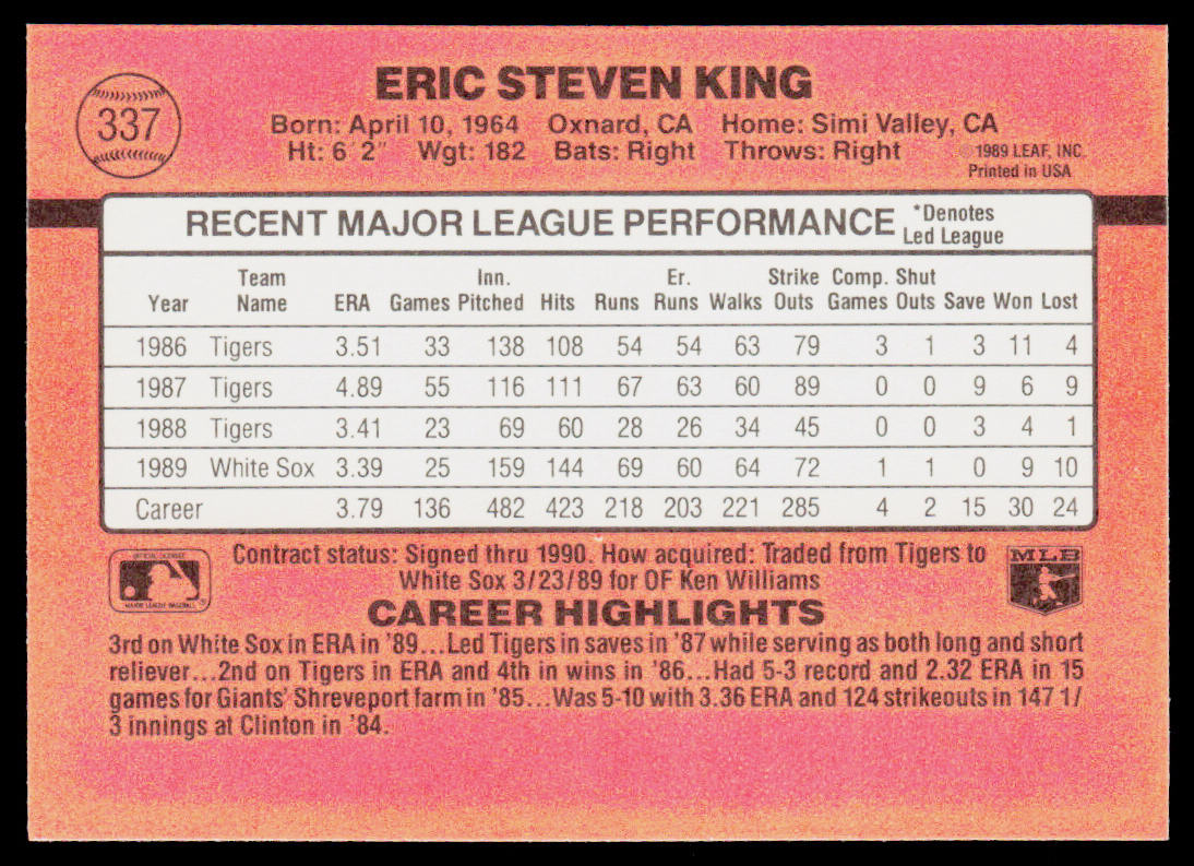 Eric King 1990 Donruss #337 Chicago White Sox