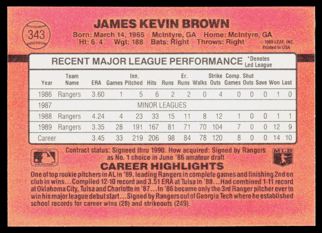 Kevin Brown 1990 Donruss #343c Texas Rangers