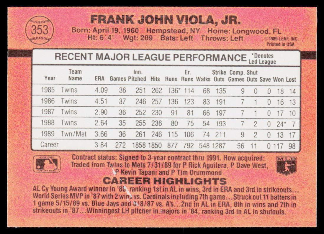 Frank Viola 1990 Donruss #353c New York Mets