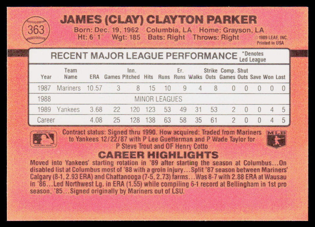 Clay Parker 1990 Donruss #363 New York Yankees