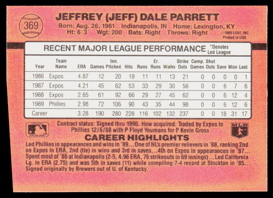 Jeff Parrett 1990 Donruss #369c Philadelphia Phillies