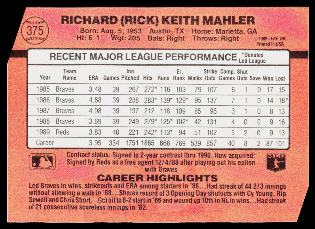 Rick Mahler 1990 Donruss #375c Cincinnati Reds