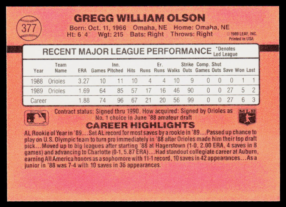 Gregg Olson 1990 Donruss #377c Baltimore Orioles